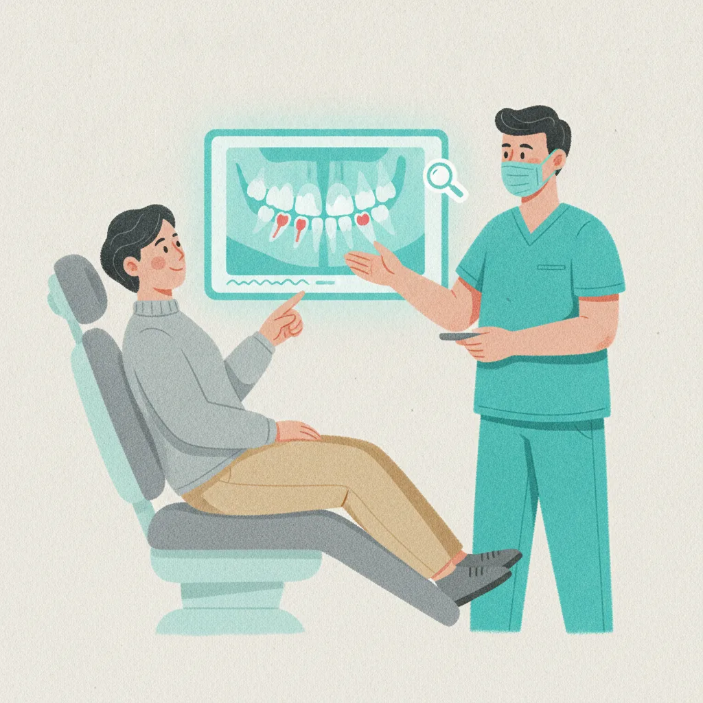 잇몸이 약한 성인이 치아교정 상담 중 치주 검사와 CBCT 검사 결과를 확인하고 있다.<p style=