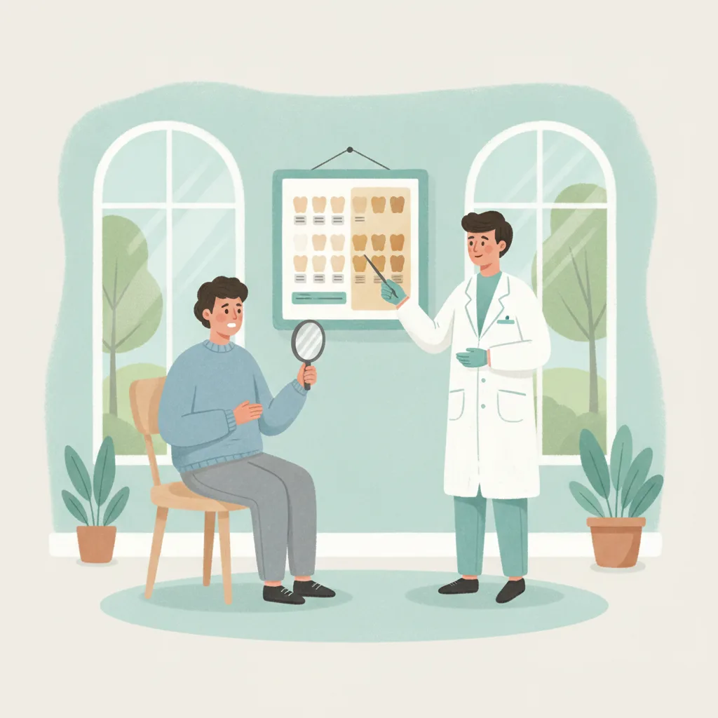 앞니 변색과 울퉁불퉁한 형태로 고민하는 환자가 진료 상담 중인 모습<p style=