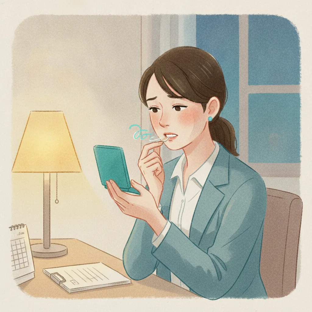 저녁 약속 전 거울에서 치아 색상을 확인하는 직장인 여성의 모습으로, 치아미백 시술의 필요성을 보여주는 장면<p style=