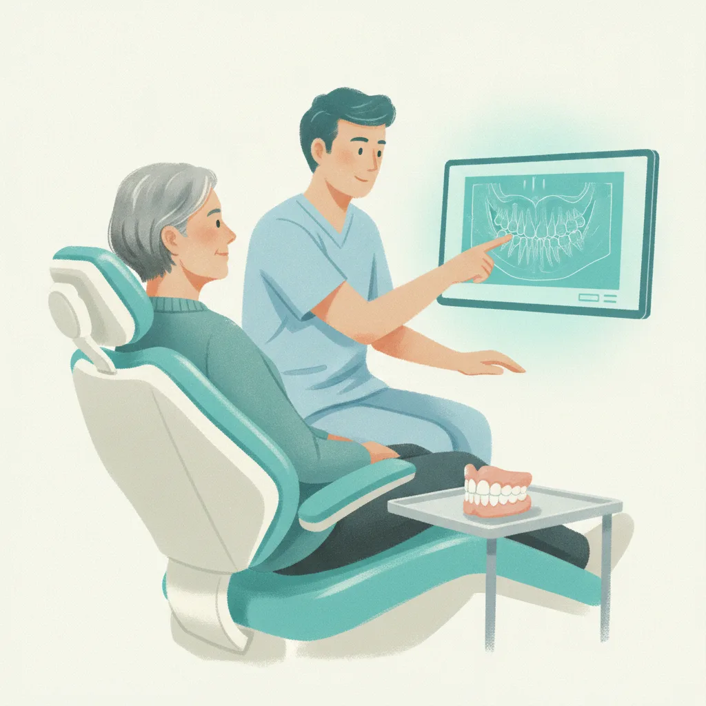 임플란트 오버덴처의 헐거움을 진단받기 위해 3D CBCT 검사 결과를 확인하는 환자의 상담 장면<p style=
