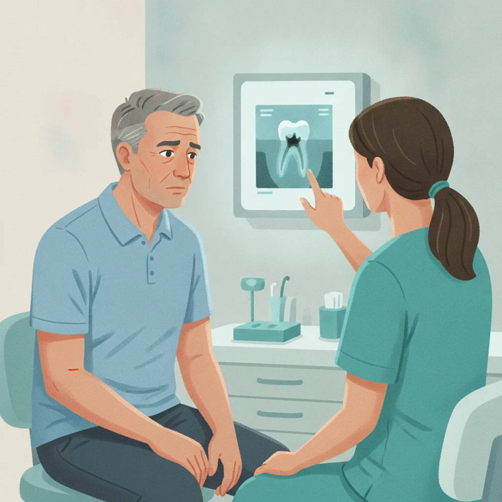 신경치료 실패로 뿌리끝에 고름이 남아 있는 상황을 방사선 사진으로 확인하며 치근단절제술을 상담받는 중년 남성 환자<p style=